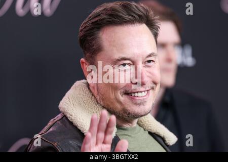 (FILE) Trump and Musk escalate public feud over agenda bill. WESTWOOD, LOS ANGELES, CALIFORNIA, USA - FEBRUARY 03: Chief Executive Officer (CEO) and product architect of Tesla, Inc., Founder, CEO and chief engineer of SpaceX, Owner, Chief Technology Officer (CTO) and executive chairman of X Corp. (formerly Twitter) Elon Reeve Musk arrives at the Los Angeles Premiere Of Vertical Entertainment's 'Lola' held at the Regency Bruin Theatre on February 3, 2024 in Westwood, Los Angeles, California, United States. (Photo by Xavier Collin/Image Press Agency) Stock Photo