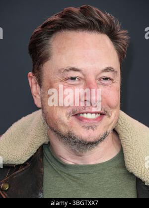 (FILE) Trump and Musk escalate public feud over agenda bill. WESTWOOD, LOS ANGELES, CALIFORNIA, USA - FEBRUARY 03: Chief Executive Officer (CEO) and product architect of Tesla, Inc., Founder, CEO and chief engineer of SpaceX, Owner, Chief Technology Officer (CTO) and executive chairman of X Corp. (formerly Twitter) Elon Reeve Musk arrives at the Los Angeles Premiere Of Vertical Entertainment's 'Lola' held at the Regency Bruin Theatre on February 3, 2024 in Westwood, Los Angeles, California, United States. (Photo by Xavier Collin/Image Press Agency) Stock Photo