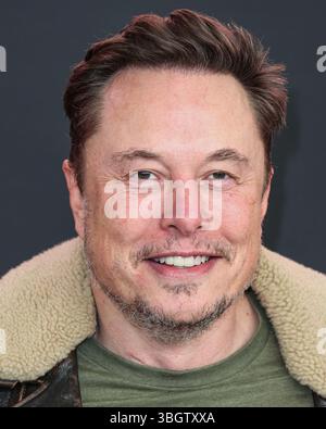 (FILE) Trump and Musk escalate public feud over agenda bill. WESTWOOD, LOS ANGELES, CALIFORNIA, USA - FEBRUARY 03: Chief Executive Officer (CEO) and product architect of Tesla, Inc., Founder, CEO and chief engineer of SpaceX, Owner, Chief Technology Officer (CTO) and executive chairman of X Corp. (formerly Twitter) Elon Reeve Musk arrives at the Los Angeles Premiere Of Vertical Entertainment's 'Lola' held at the Regency Bruin Theatre on February 3, 2024 in Westwood, Los Angeles, California, United States. (Photo by Xavier Collin/Image Press Agency) Stock Photo