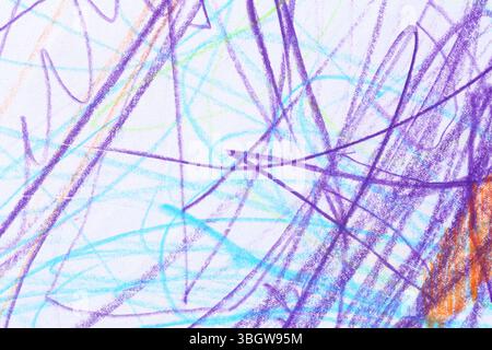 Colored pencil lines with purple, blue and orange, It is a mess of abstract lines drawn background. Stock Photo
