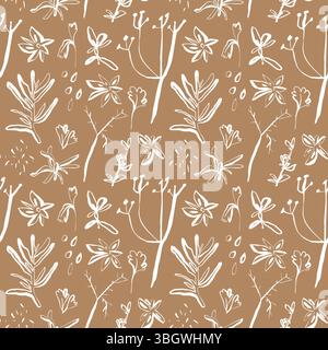 Hand drawn white spice pattern with anise and herbs on brown background in whimsical line art style Stock Vector