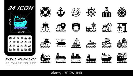 Maritime transport pixel perfect glyphs iconset on negative space Stock Vector