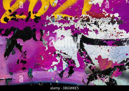 Grunge Peeling Paint Texture in Pink, Yellow, Black for Retro 90s, Urban Art Stock Photo