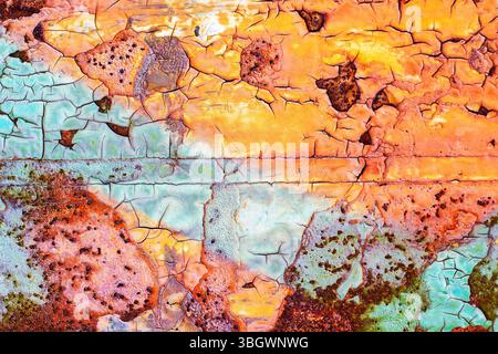 Background of blue and orange cracked old damaged paint texture on a metal surface. High quality photo Stock Photo