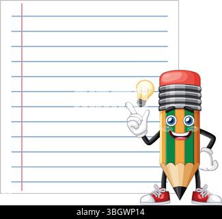 Vector illustration of a smiling pencil character with a light bulb idea, standing beside a lined notebook page Stock Vector
