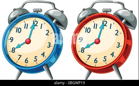 Vector illustration of two vintage alarm clocks in blue and red. Detailed design with classic dials and metallic bells Stock Vector