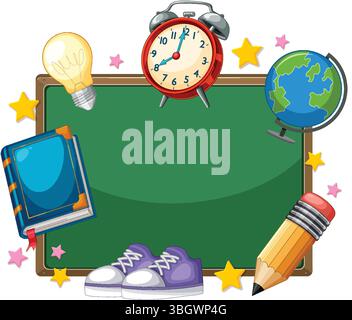 Vector illustration of school supplies surrounding a green chalkboard. Bright colors and playful composition create an educational theme Stock Vector