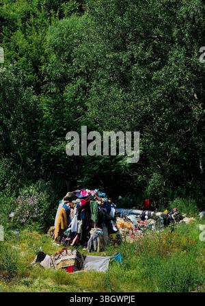 Forest Shelter: Improvised Tent from Forgotten Clothes. Stock Photo