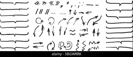 Marker felt pen or crayon doodle text frames, direction arrows and text marks emphasis scribbles collection. Stock Vector