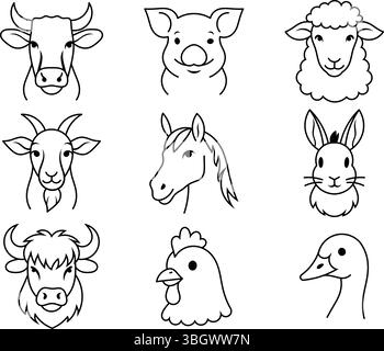 Minimalist farm animal face icons. Vector illustrations of barn animals including horse, rabbit, goat, pig, cow, and duck in simple outline design. Stock Vector