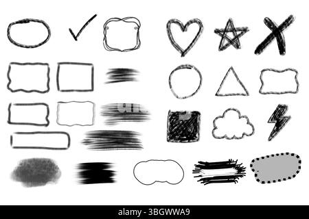 Hand-drawn doodle icons collection. Set of sketchy shapes, scribbled lines, and textured black pen graphics. Stock Vector