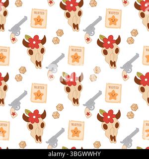 Seamless western pattern with cow skulls, flowers, and revolvers. Feminine and wild design for background, prints, and fun. Stock Vector