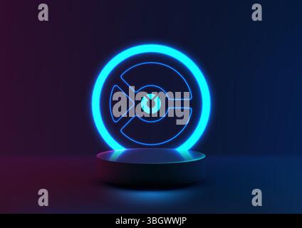 striking neon blue circle with intricate glowing design, resting on a sleek dark pedestal against a gradient pink and blue light background, technolog Stock Vector
