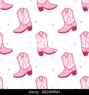 Playful seamless pattern of pink cowgirl boots with striking flame details, ideal for backgrounds, textiles, wrapping paper, and creative digital proj Stock Vector