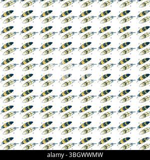 A seamless vector pattern featuring stylized feathers in gold, navy, and white. Perfect for textiles, backgrounds Stock Vector