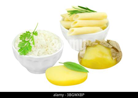 Potatoes, rice and pasta isolated on white background    Resistant Starch Stock Photo