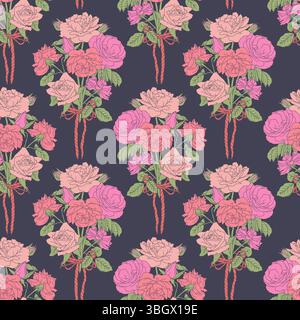 Vintage line art pink rose bouquets and fancy bow knots seamless pattern with dark blue backdrop Stock Vector