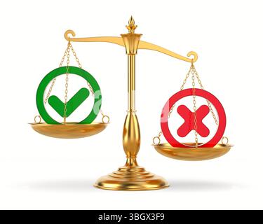 Rejection sign and check mark on scale. White background. Isolated 3D ...