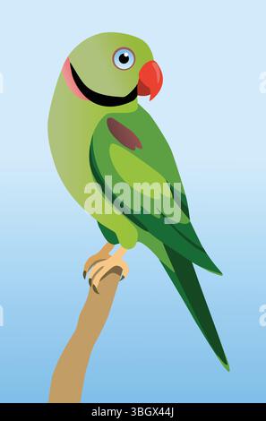 Alexandrine parakeet perched on a branch with a blue background Stock Vector