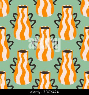 Vector seamless pattern of ceramic vase with abstract design. Cartoon illustration isolated on a green blue background. Stock Vector