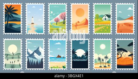 Set of postage stamps with various natural landscapes and seasons flat vector illustration. Stock Vector