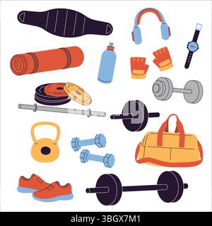 Collection of gym and workout equipment in flat design dumbbells, barbells, kettlebell, yoga mat, sportswear, bag, and accessories. Ideal for fitness Stock Vector