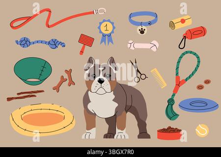 Illustration of a bulldog surrounded by pet supplies such as toys, treats, collar, leash, grooming tools, and a dog bed. Concept for dog care Stock Vector