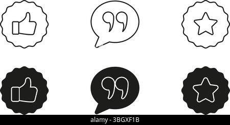 Thumbs Up, Quotation, And Star Badge Icon Set. Social Media Engagement, Feedback, And Rating Symbol Collection. Communication And Quality Stock Vector