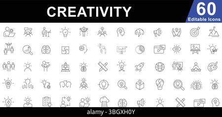 Creativity and Innovation Line Icons Set. Idea, Brainstorming, Solutions and AI Symbols Stock Vector