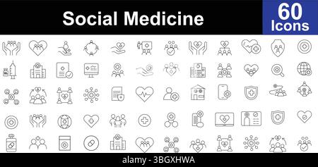 Social Medicine Line Icons Set - Healthcare, Community, Support & Wellness Symbols Stock Vector