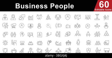 Business People Line Icons Set - Teamwork, Corporate, Management & HR Symbols Stock Vector