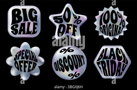3d holographic retro 90 stickers set. Gradient Chrome Sale, Black Friday and Discount emblems. Holography labels mockup and metal badges of various shapes. Vector Illustration isolated on Black. Stock Vector