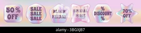 3d Holographic Retro stickers set in Pink colours. Gradient Chrome Sale, Black Friday and Discount emblems. Holography labels mockup and metal badges of various shapes. Vector Illustration. Stock Vector