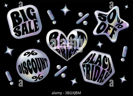 3d holographic retro 90 stickers set. Gradient Chrome Sale, Black Friday and Discount emblems. Holography labels mockup and metal badges of various shapes. Vector Illustration isolated on Black. Stock Vector