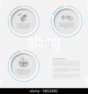 Modern minimalist infographic visualizing a strong company culture featuring mission, vision, and values. Easily explain your company culture and prin Stock Vector