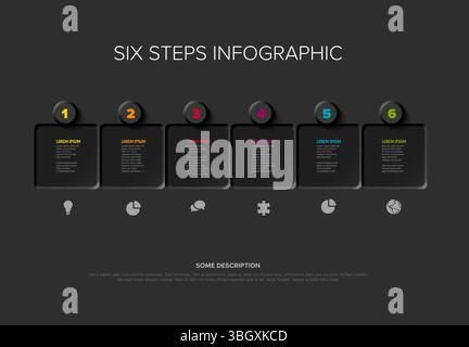 Dark six step infographic template perfect for showcasing process stages or workflow diagrams. Versatile infographic design provides a clear layout fo Stock Vector