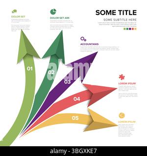 A clear and colorful infographic showing five steps with numbered arrows. This modern visual infographic demonstrates a process or multi-step strategi Stock Vector