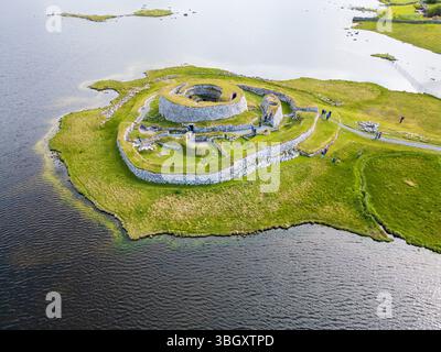 Aerial view of Clickimin Broch in Lerwick, Shetland – a remarkable Iron Age structure nestled beside the loch. Stock Photo