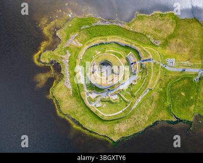 Aerial view of Clickimin Broch in Lerwick, Shetland – a remarkable Iron Age structure nestled beside the loch. Stock Photo
