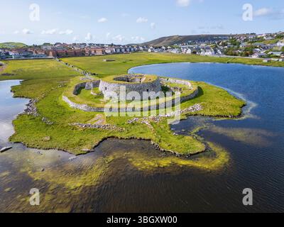 Aerial view of Clickimin Broch in Lerwick, Shetland – a remarkable Iron Age structure nestled beside the loch. Stock Photo