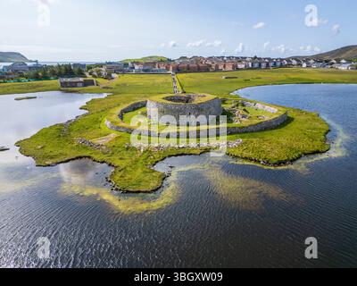 Aerial view of Clickimin Broch in Lerwick, Shetland – a remarkable Iron Age structure nestled beside the loch. Stock Photo