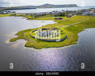 Aerial view of Clickimin Broch in Lerwick, Shetland – a remarkable Iron Age structure nestled beside the loch. Stock Photo