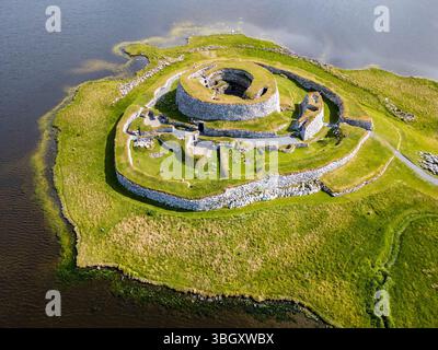 Aerial view of Clickimin Broch in Lerwick, Shetland – a remarkable Iron Age structure nestled beside the loch. Stock Photo