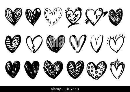 Painted grunge hearts icons. Scribble ink grunge heart shapes. Doodle hearts icons set hand draw with markers. Love emblem in rough grungy style Stock Vector