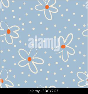Playful seamless daisy pattern with orange centers on sky blue background. Vector illustration Stock Vector