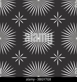Retro-style radial burst pattern with alternating large and small white star motifs on a charcoal background, ideal for textiles, wallpapers, or gift wrap. Stock Vector