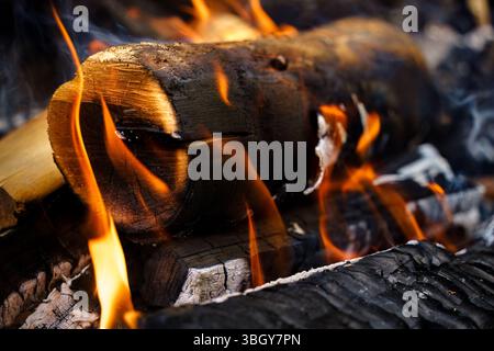 Burning log surrounded by flames in a campfire, close-up view Stock Photo