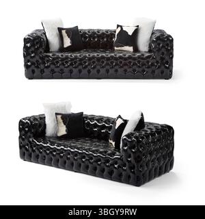 Black leather sofa with cow pillows isolated on white background .different angles view Stock Photo