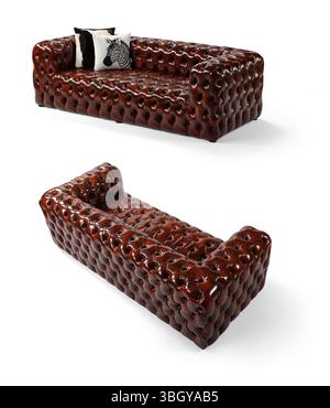 Brown leather sofa with pillows isolated on white background .different angles view Stock Photo