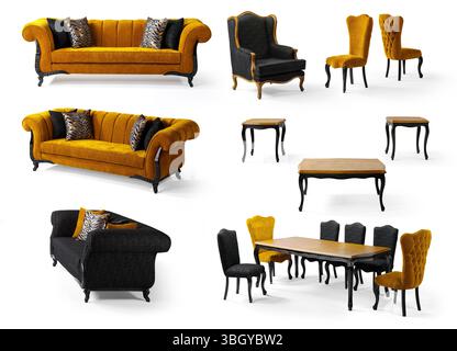 modern furniture in a separate set isolated on white background . sofa , armchair , coffee table , dining table Stock Photo